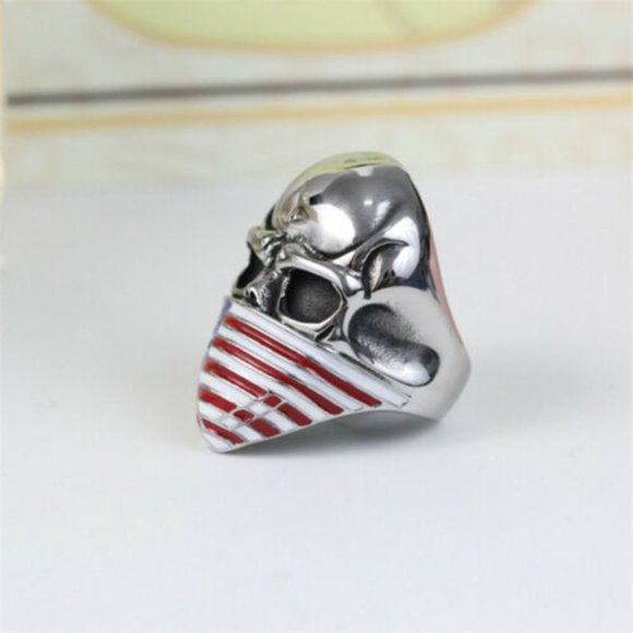 Stainless Steel Skull and American Flag Biker Ring - Picture 3 of 5
